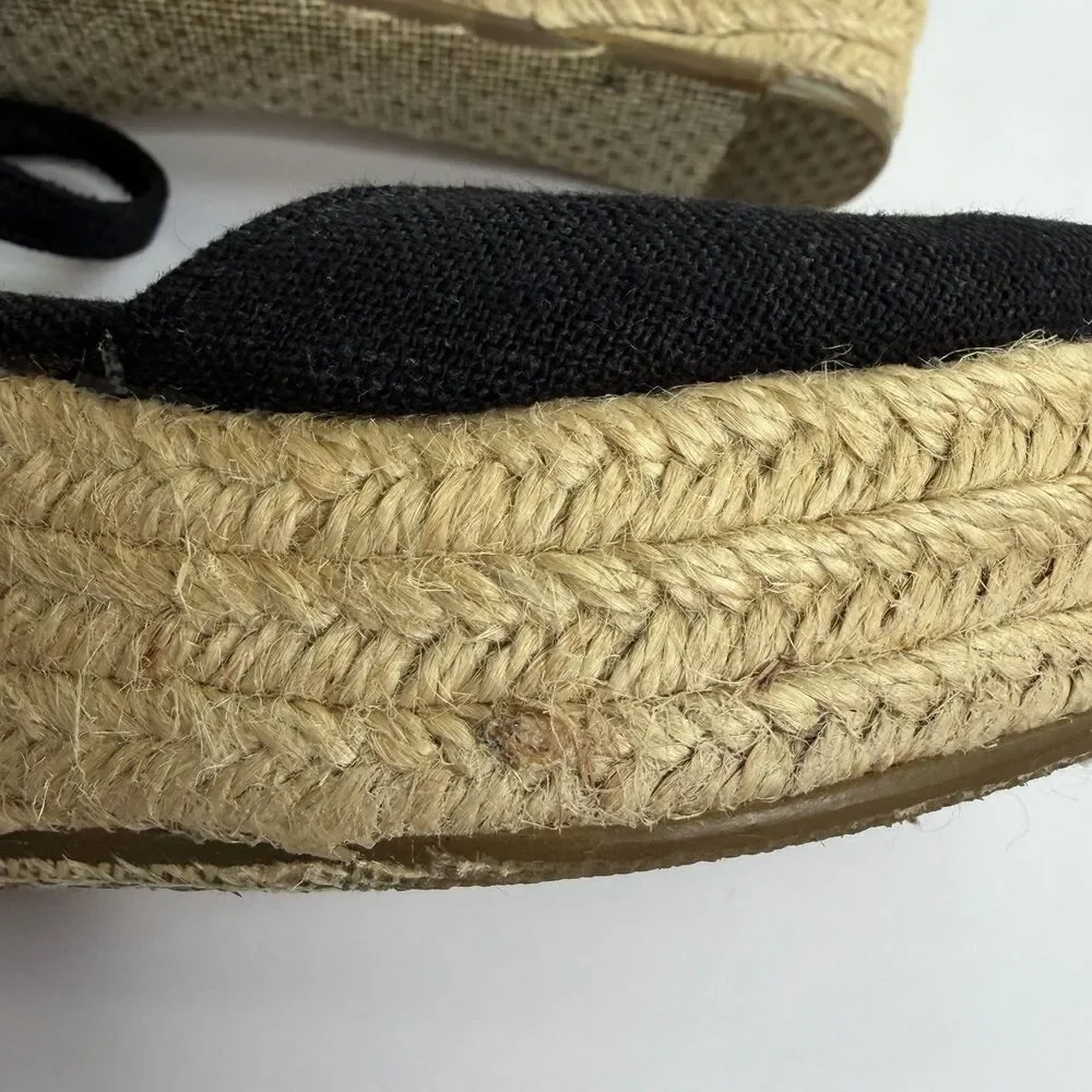 TOMS Black Canvas Peep Toe Jute Wedge Heel‎ Espadrille Sandals Sz 7
